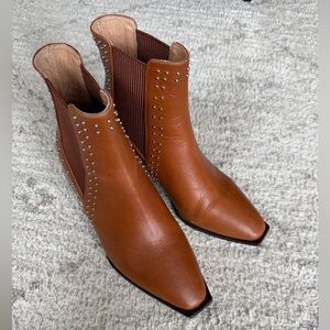 Sol Sana Cognac Leather Pointed Chelsea Booties with Studs